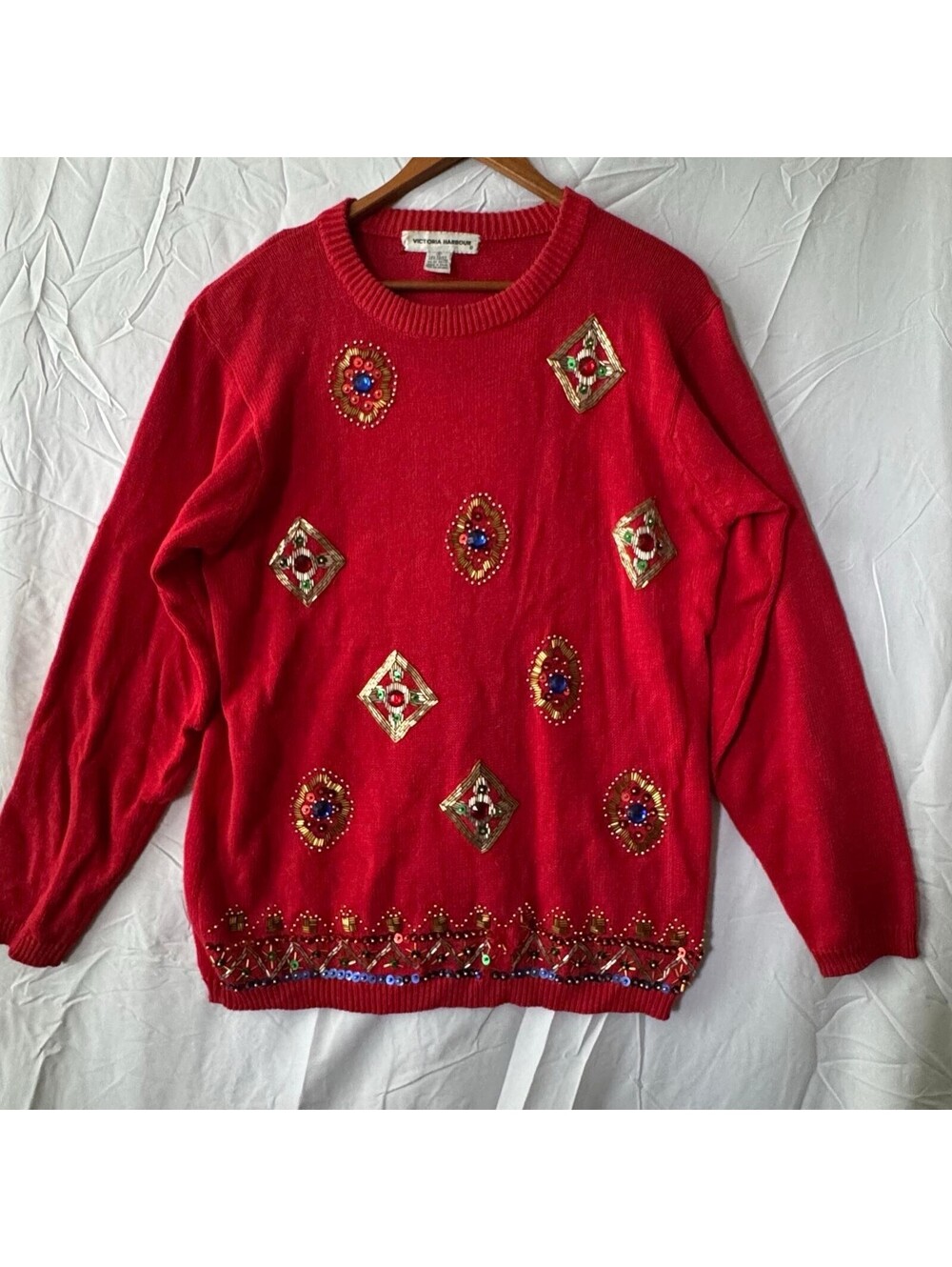 Victoria Harbour Sweater S Red Beaded Sequin Jeweled Diamond 90s Holiday
